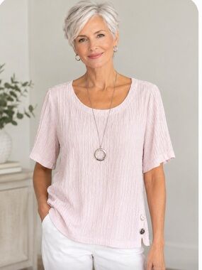 JM Collection Light Pink Short-Sleeve Textured Top with Button Detail